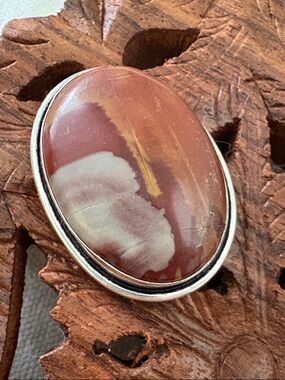 Red and Cream Jasper Oval Statement Bezel Ring Stamped 925